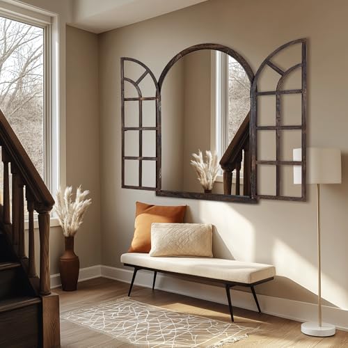 Arched Wall Mirror with Window Pane Design 36x24 Inch Rustic Farmhouse Wood Decorative Mirror for Living Room Bedroom Entryway