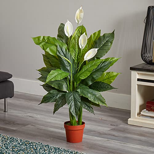 Nearly Natural 42in Artificial Peace Lily Plant with Real Touch Silk Leaves and White Flowers for Indoor Home Decor and Faux Greenery