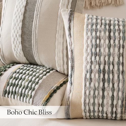 ANRODUO Pack of 2 Boho Decorative Throw Pillow Covers 18x18 Farmhouse Cushion Case Striped Chenille Pillow Cases Square Pillow Covers Accent Neutral Pillowcase for Sofa Couch Bed, Olive Green Stripe