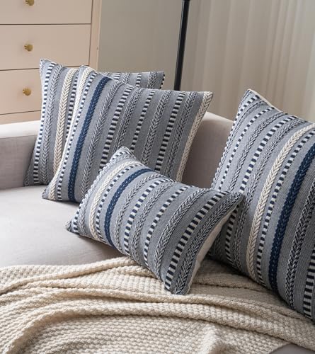 Cethom Boho Throw Pillow Covers 18x18 Inch Set of 2, Farmhouse Decorative Couch Pillow Cases, Navy Blue Accent Pillows of Bed, Sofa Bedroom Living Room Home Decor Cushion Cover