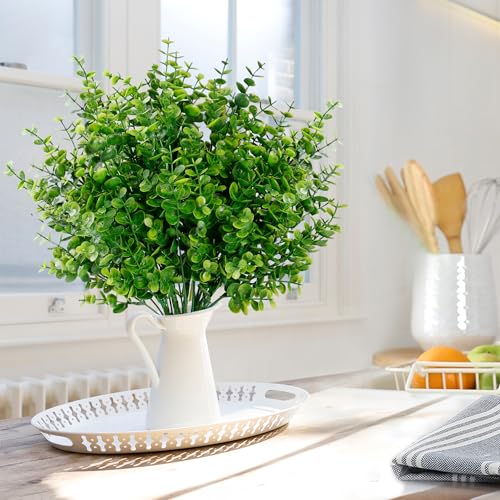 Sggvecsy Artificial Flowers for Outdoors 12 Bundles UV Resistant Boxwood Shrubs Artificial Eucalyptus Fake Plants Faux Plastic Greenery for Farmhouse Garden Indoor Outdoor Home Wedding Decoration