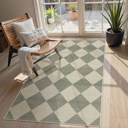 Checkered Print Bedroom Area Rug 3x5, Non Slip Ultra Thin Washable Entryway Rug Low Pile Soft Bathroom Rugs Green, Moroccan Farmhouse Trellis Throw Rugs for Kitchen Office Kids Room