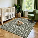 5x5 Floral Area Rug Washable: Non-Slip Low Pile Square Living Room Rug,Water Resistant Non-Shedding,Pet Friendly Soft,for Kitchen Bedroom Entryway Dining Room Indoor Decor 5ft