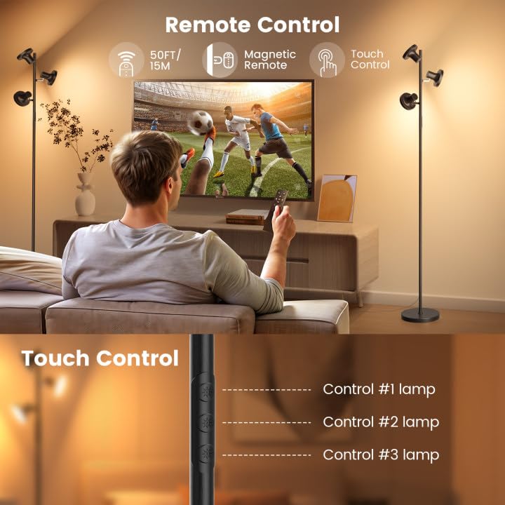 36W LED Tree Floor Lamp, Modern Dimmable Standing Lamp with Remote & Touch Control, 4 Color Temperatures, 3 Rotatable LED Light Floor Lamps for Living Room, Bedroom, Office