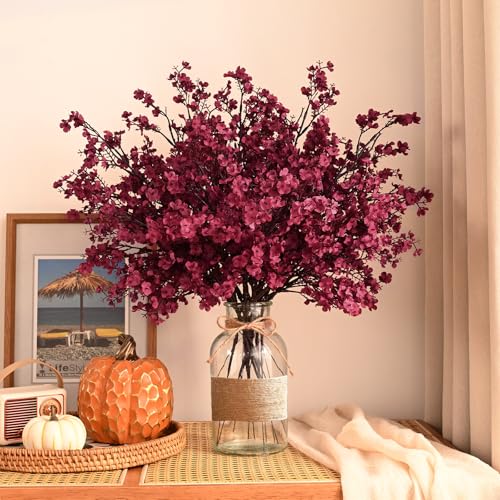 Waipfaru 6Pcs Fake Flowers Babys Breath Silk Artificial Flowers Gypsophila Bouquets Bulk Real Touch Fall Stems for Fall Thanksgiving Decor Autumn DIY Floral Arrangement Table Centerpieces, Wine Red