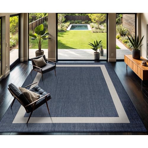 CAMILSON Outdoor Rug 9x12, Large Modern Outside Rugs for Patios Porches Waterproof Durable Washable Non-Shedding, Easy-to-Clean Indoor Outdoor Area Carpet (9 x 12, Bordered - Blue/White)