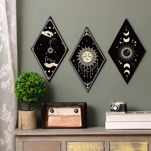 Sintuff 6 Pieces Gothic Wall Decor Boho Sun Moon Phases Wall Art Gothic Minimalist Stars Sun Hanging Wooden Home Decor Farmhouse Pediments for Gallery Living Bedroom Room(Boho)