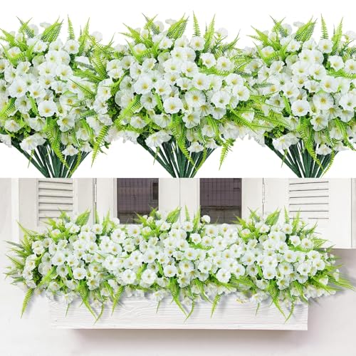 Artificial Flowers for Outdoors 12 Bundles White Artificial Petunias Fake Flowers UV Resistant Shrubs Plants with Fern for Indoor Outside Hanging Planters Home Garden Spring Summer Decorations