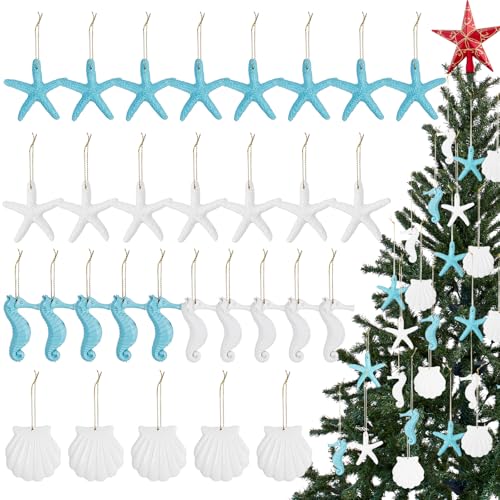 30 Pieces Beach Christmas Ornaments Bulk Tree Decorations Resin Starfish Seashells Seahorse Ocean Nautical Themed Hanging with Drilled Hole Rope for Wedding Gift Wreath Decor DIY(Blue, White)