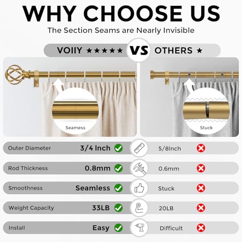 VOIIY Gold Curtain Rod 36-88 Inch, Brushed Brass Decorative Curtain Rods for Windows with Twisted Cage Finials, 3/4" Adjustable Heavy Duty Window Treatment Rods for Living Room, Bedroom, Kitchen