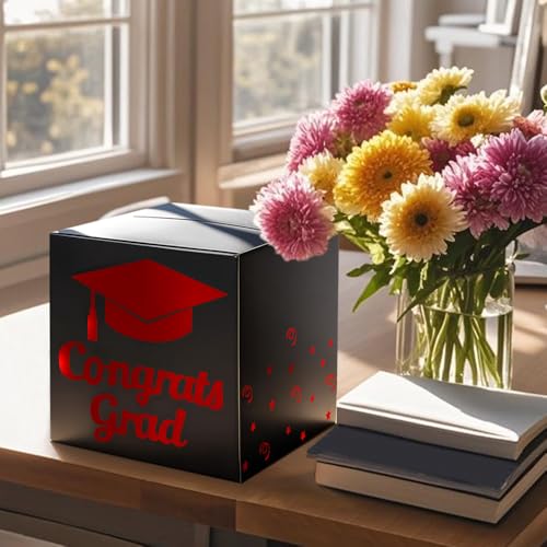 Graduation Card Box Holder, Congrats Grad Foldable Cardboard Decorations Box for Graduation Party Decoration and Grad Parties (Black-red)