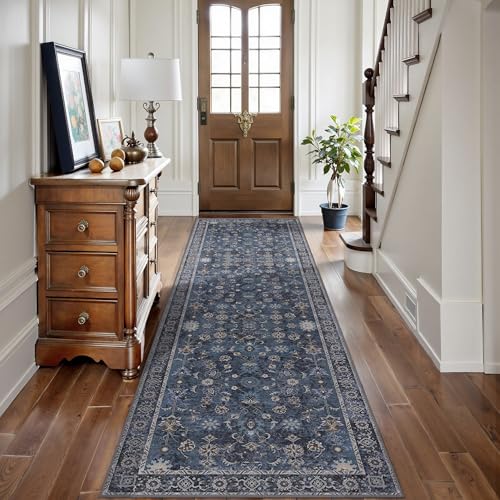 Tangsoo 2.6x8 Runner Rug for Hallway Non Slip,Washable Blue Long Runner Rug