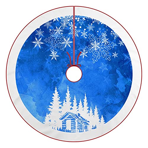 48 Inches Blue Christmas Tree Skirt Rustic Thick Xmas Tree Skirt with Snowflake Winter Happy New Year Decoration for Home Holiday Party