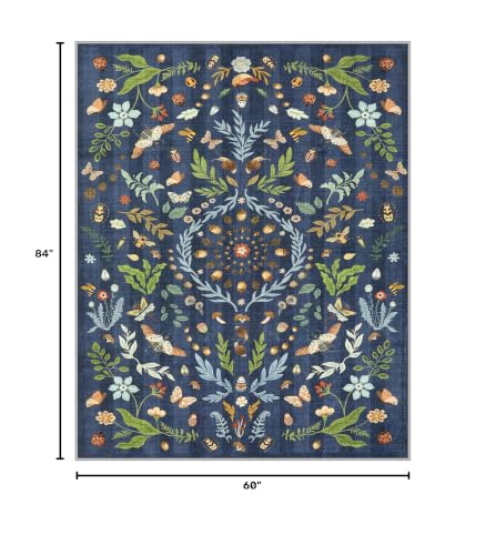 Lahome Washable Insect Botanical 5x7 Area Rugs for Nursery - Machine Washable Non-Slip Navy Blue Bedroom Rug, Boho Low Profile Soft Faux Wool Carpet for Living Room Laundry Playroom Dining Room