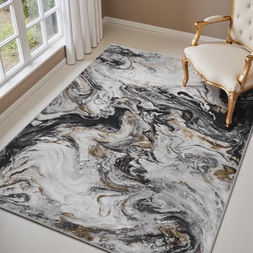 PADOOR Abstract 3'x5' Area Rug, Washable Non-Slip Low Pile, Marble Black
