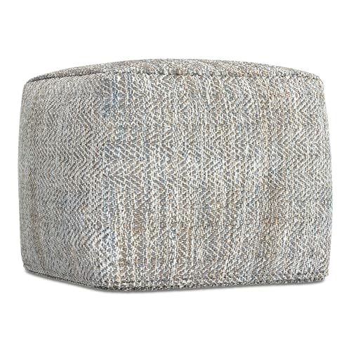 SIMPLIHOME Nate Square Pouf - 18 inch Wide Upholstered Handwoven Cotton Ottoman in Grey Melange, Boho Footstool or Extra Seating for Living Room or Bedroom with Polystyrene EPS Beads, Assembled