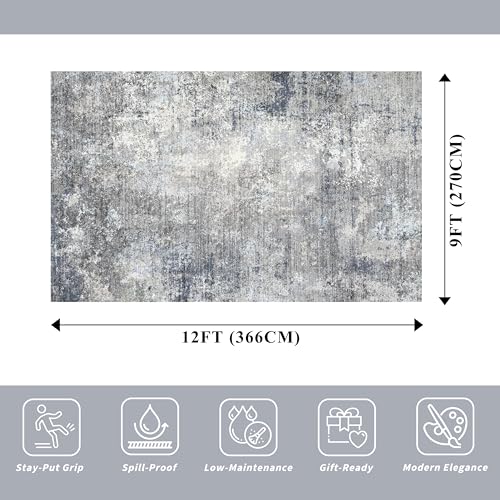Washable Area Rug 9x12 Living Room – Neutral Modern Abstract Large Carpet for Bedroom Dining Room Office – Soft Non-Slip Low-Pile Thin Stain-Resistant Indoor Rugs （Blue Grey,9x12）