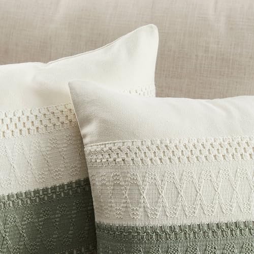 ZeeMart 2 Packs Cotton Boho Throw Pillow Covers 18x18 Inch Contrast Green, Soft Farmhouse Decorative Couch Pillow Cases Sage Green Cushion Covers for Sofa Bed Living Room Home Decor