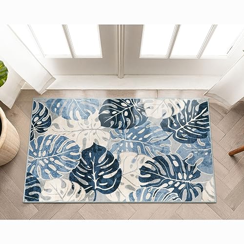 Wonnitar Leaf 2x3 Kitchen Rug, Small Bathroom Blue Rug, Washable Bedside Accent Mat, Monstera Plant Coastal Non-Shedding Soft Entryway Floor Carpet for Laundry Room Entrance Bath