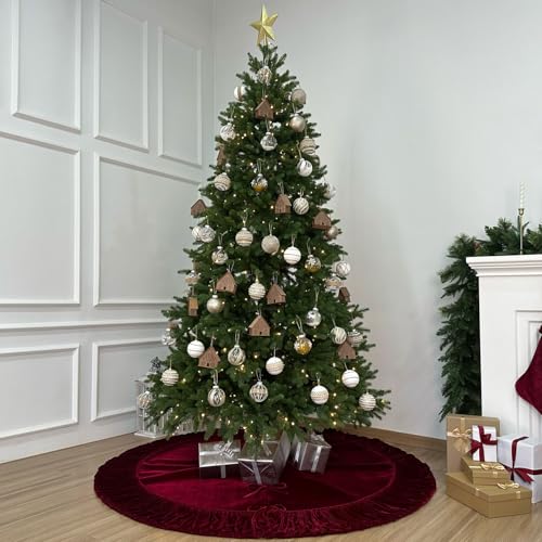 Ruffled Velvet Christmas Tree Skirt with Foam Padding, Nylon Backing and Lace-Up Tie Closure (Burgundy, 72-Inch)