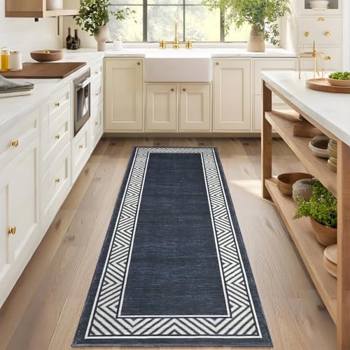 GarveeHome Washable Hallway Rug 2x6 Narrow Modern Bordered Floor Runner, Non-Shedding Contemporary Bedside Rug, Foldable Ultra-Thin Carpet Runner for Bedroom, Kitchen, Laundry Room, Navy Blue