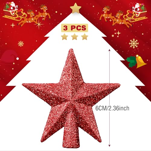 Hanaive 3 Pcs Mini Christmas Tree Topper Small Star Christmas Treetop Ornaments for Mini Tree Holiday Decorative Star for Xmas Home Decor(2.36 Inch,Glitter Red)