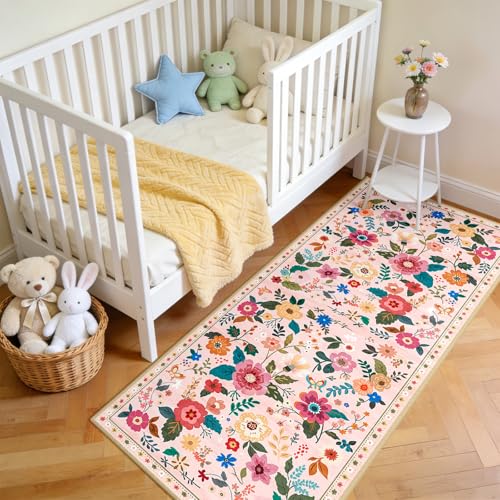 Floral Washable 2x5 Area Rugs Runner Entryway Hallway Pink