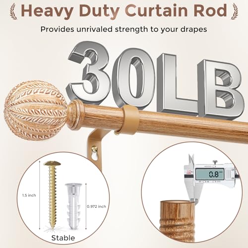 Wood Curtain Rod for Windows 48 to 84 Inch, 1'' Diameter Adjustable Heavy Duty Rustic Farmhouse Drapery Rods with Boho Imitation Wooden Grain Decorative Finials, Size: 30''-88'' – Light Wood