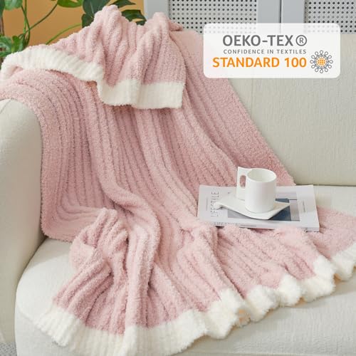 Snuggle Sac Summer Pink Throw Blanket for Couch, Soft Cozy Ribbed Fluffy Blankets for Women, Warm Microfiber Knit Cute Throws for Girls Daughter Gifts, Pink, 50x60 inches