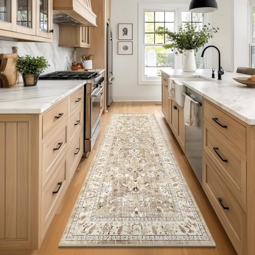 LOKHOM 3x8 Washable Hallway Runner Rug, Boho Non-Slip Kitchen Rugs, Beige