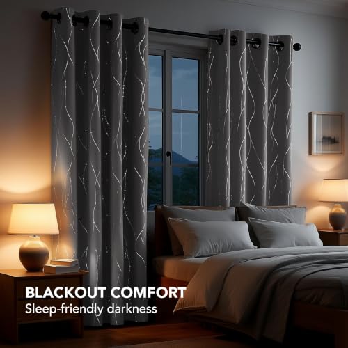 Deconovo Blackout Curtains, Light Grey Thermal Grommet Drapes, Silver Wave Dots Foil Print, Thermal Window Panels, 52" W x 84" L, 2 Panels, for Bedroom Living Room Nursery Office