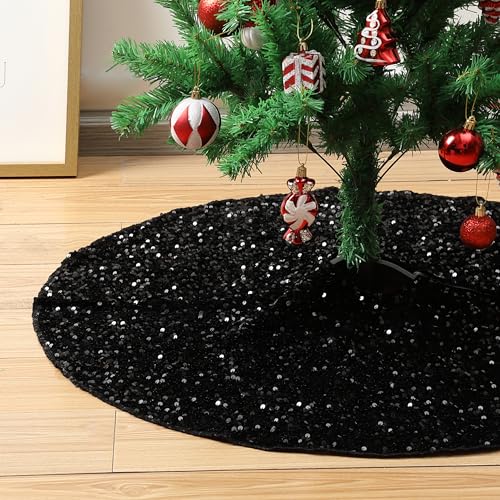 Mr. Pen- Christmas Tree Skirt, 48 inch, Black Sequin Tree Skirt | Christmas Skirt Tree