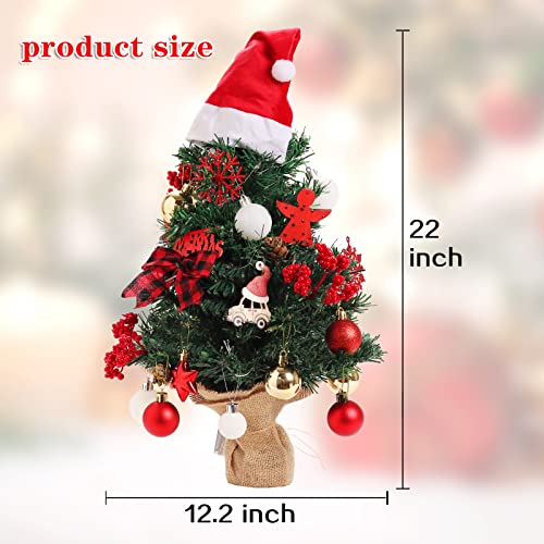 BSTCRAFT Mini Christmas Tree, 22 inches, Green, Artificial Tree with Lights, Santa Christmas Hat, Mini Christmas Ornaments for Tabletop Decorations
