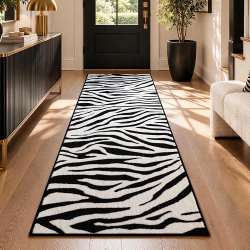 Zebra Hallway Runner Rugs 2x8: Black and White Modern Washable Rug