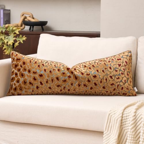 Alerfa Brown Floral Throw Pillow Cover 14 x 36 Inch Cut Velvet Rectange Luxury Decorative Lumbar Pillow Cover for Couch Living Room Bedroom