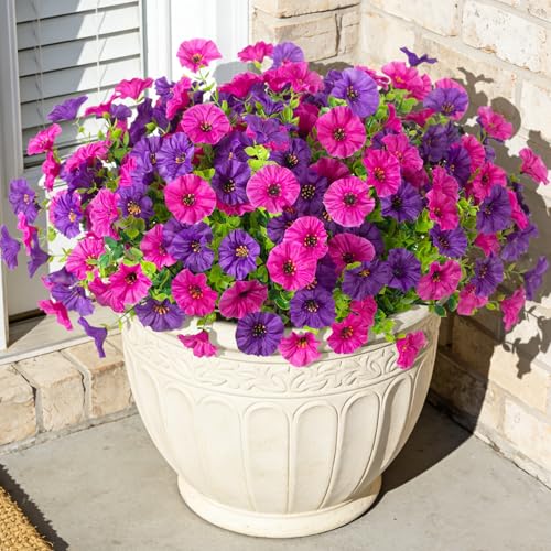 ADXORA 12 Bundles Morning Glory Artificial Flowers for Outdoor Decoration UV Resistant Fake Plastic Plants Artificial Greenery for Indoor Outdoor Garden Patio Window Box Home Decor Spring Summer