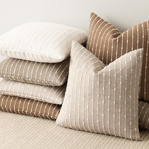 Foindtower Pack of 2 Decorative Jacquard Boucle Throw Pillow Covers Accent Textured Striped Pillowcases Soft Boho Modern Cushion for Couch Sofa Bedroom Living Room Home Decor 20x20 Inch Natural Beige