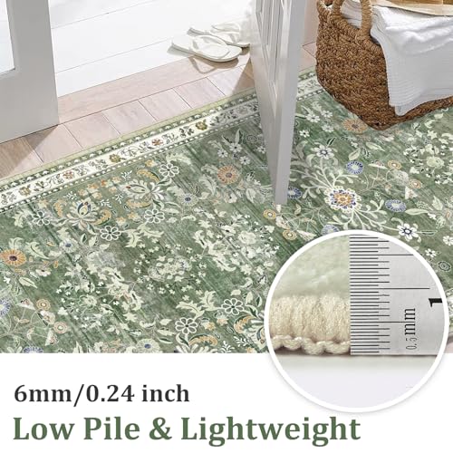 Yamaziot Washable Runner Rug 2x8 – Non Slip Boho Floral Hallway Runner Rug with Rubber Backing, Low Pile Wool Distressed Carpet for Kitchen, Laundry, Bedroom, Entrance, Mottled Green