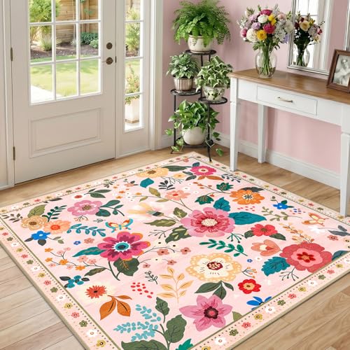RELEANY Floral Washable Square 4ft Area Rug Pink