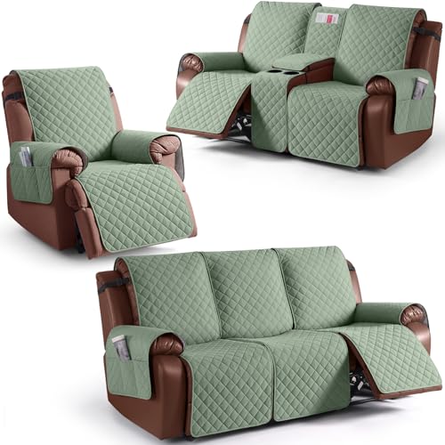 KinCam 100% Waterproof Recliner Loveseat Cover with Console X1, Recliner Couch Covers X1, Recliner Chair Covers X1(Sage Green)