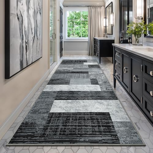 Indoor Washable Runner Rug with Rubber Backing, Modern Geometric Patchwork
