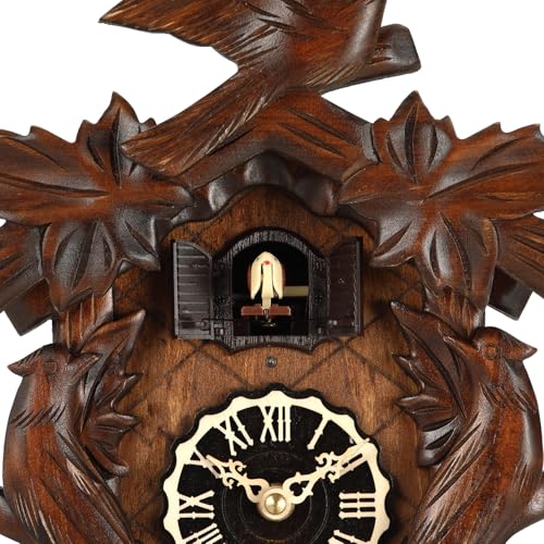 Kintrot Cuckoo Clock, Traditional Black Forest Handcrafted Wooden Quartz Clock for Wall Antique Decroration with Maple Leaf Pendulum, 12 Melodies, Night Sensor and Singing Bird