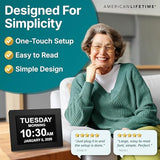 American Lifetime Large Digital Clock for Seniors, Black, 8 inch, with Day & Date, Customizable Alarms, Auto-Dimming, Multi-Language Support, Battery Backup, Easy Setup, and Gift Option