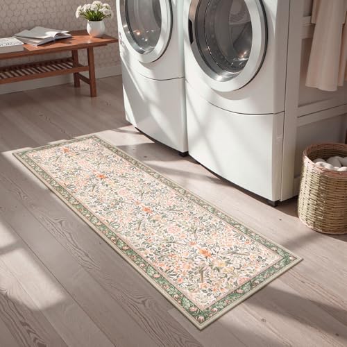Boho Floral Birds Laundry Room Rug Runner 2x5, Washable Kitchen Runner Rug Non Skid, Soft Flower Indoor Carpet Runner for Bathroom Entrance Entryway Bedroom Dorm, Olive Green