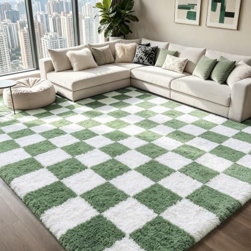 Area Rugs for Bedroom Living Room,6x9 Green and White Fluffy Soft Checkered Rug Fuzzy Shag Shaggy Carpet,Indoor Plush Floor Rugs for Teen Dorm Home Decor