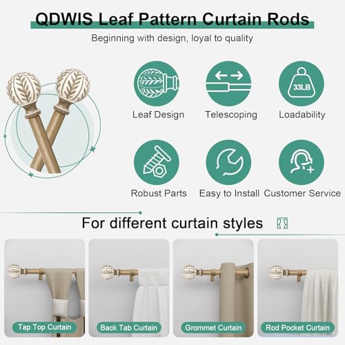 QDWIS Boho Wood Curtain Rods for Windows 48 to 84 inch,1" Adjustable Heavy Duty Window Curtain Rod with Imitation Wood Grain Finials,Rustic Decorative Drapery Rods Set,Size:36-88'',Weathered Wood