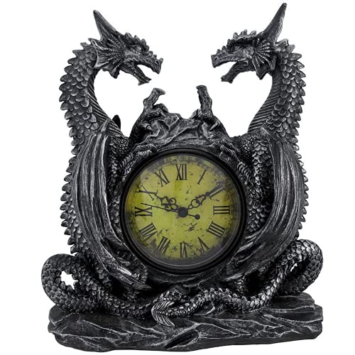 DWK Twin Evil Dragons Antiqued Mantel Clock Table Desk