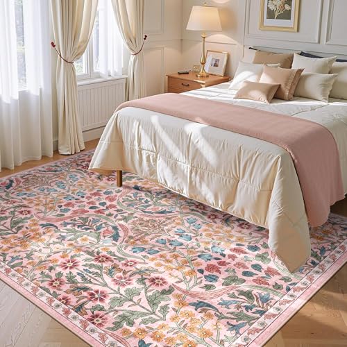 5x8 Washable Area Rug Pink Boho Floral for Living Room Bedroom Nursery