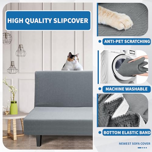 XINEAGE 2026 New Futon Cover Full Size Stretch Armless Sofa Bed Cover Anti-Slip Furniture Protector Without Armrests Futon Slipcover with Elastic Bottom (67"-82", Light Gray)