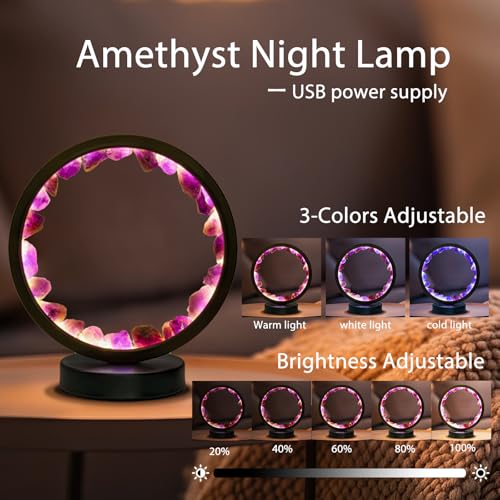 Runyansghi Amethyst Night Lamp 8.6'' Natural Healing Crystal Bedside USB Port 3 Colours Dimming Mode Bedroom Suitable Light for Living Room Office Home Decor Ideal Gift